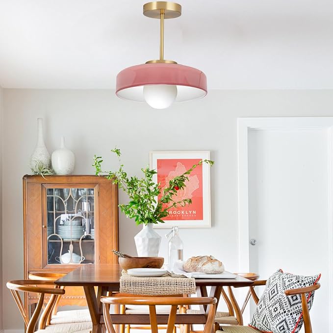 Pink Light Fixture Mid Century Modern Semi Flush Mount Ceiling Light 13.8 Inch Round Dome Glass Shade Brushed Gold Brass Close to Ceiling Lights Hallway Bedroom Overhead Lighting