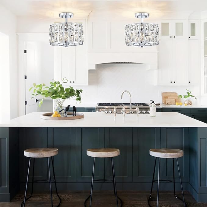 MEXO Farmhouse Crystal Round Semi Flush Mount Modern Close to Ceiling Light Fixture, Cylinder Drum Shade Ceiling Lights 3LT Ceiling Lamp for Kitchen Island Dinning Room Bedroom