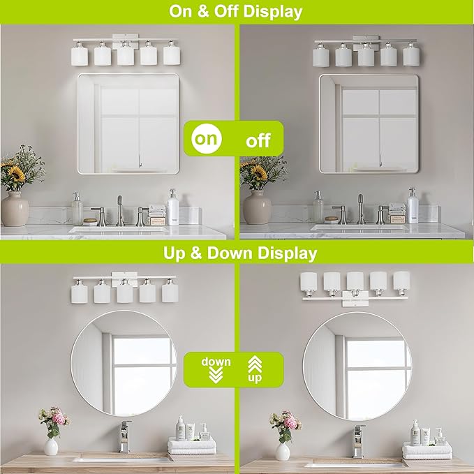 Sailstar 5-Light Bathroom Light Fixture, Brushed Nickel Vanity Lights Over Mirror, Anti-Rust, White Glass Shades, E26 Base, Bulb Not Included