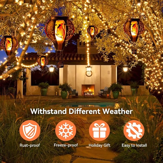 STARSOUL Cardinal Solar Hot Air Balloon Lantern with Flickering Flame, Cardinals Hanging Solar Lantern Outdoor Waterproof, Red Bird Hot Air Balloon Solar Light Decorations for Garden Yard Lawn