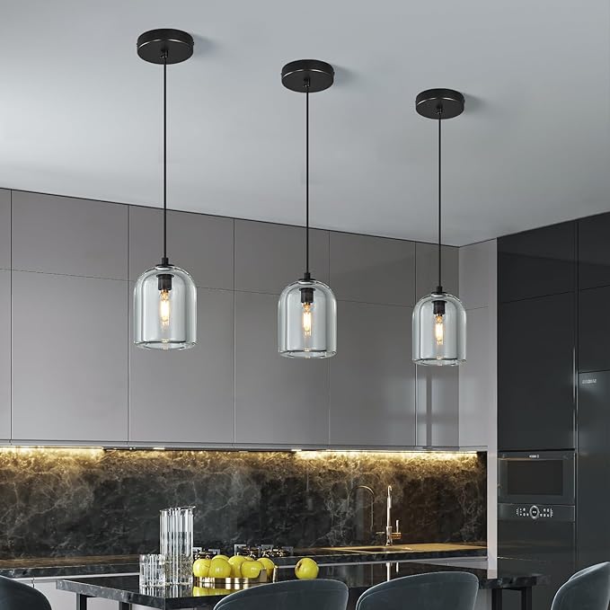 Modern Black Pendant Lights Kitchen Island Ceiling Chandelier Indoor Crystal Hanging Light Fixtures for Dining Room Kitchen Living Room Bedroom（2Pack）