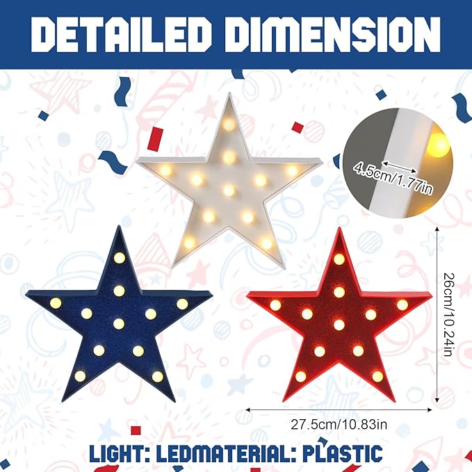 Tujoe 3 Pcs 4th of July Star Shaped Lights LED Independence Day Signs Red White and Blue Patriotic Star Centerpieces for Tables Indoor Outdoor 250th Independence Day Party Decorations(Glitter)