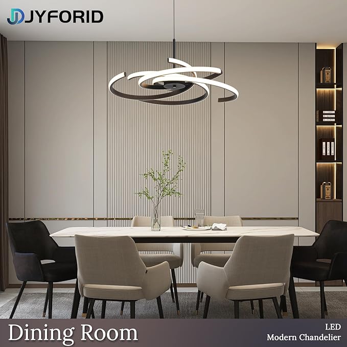 Black Modern Sputnik Chandelier with Remote Control, 44W 3-Color Temperature Dimmable LED Chandelier for Dining Room, Hanging Adjustable Pendant Light for Living Room Kitchen Foyer Entryway