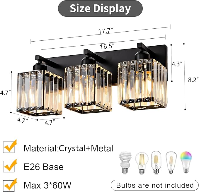 Black Bathroom Vanity Light 3 Lights, Crystal Bathroom Wall Light Fixtures Modern Vanity Light Over Mirror (Exclude Bulb)