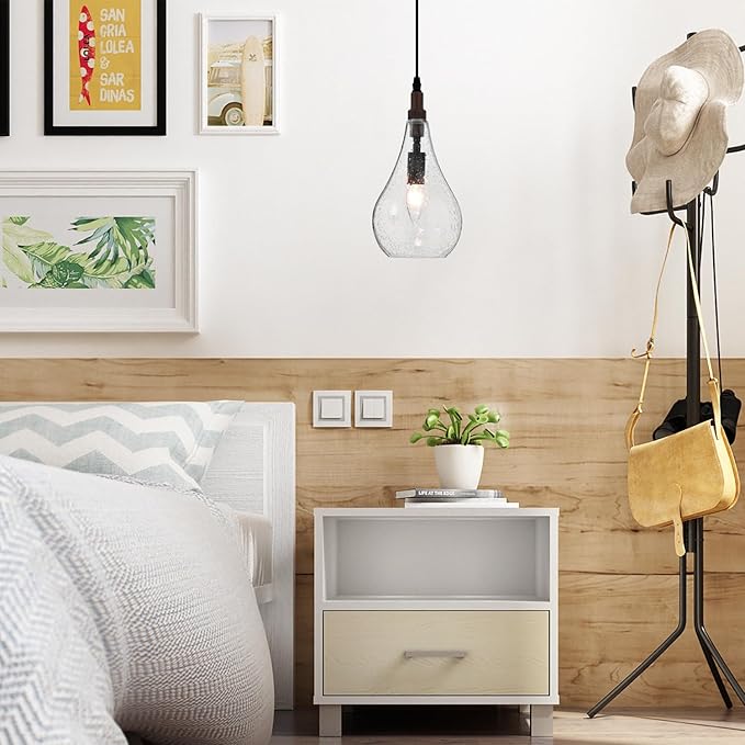 Farmhouse Wood Bubble Seeded Glass Pendant Light Adjustable Industrial Pendant Lighting Fixtures for Kitchen Island Dining Room Bedroom Entryway Sink