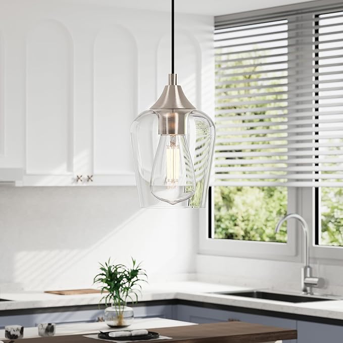VONLUCE Pendant Lights Kitchen Island, Brushed Nickel Pendant Light Fixtures with E26 Base & Adjustable Cable, Modern Pendant Lighting with Glass Shade for Living Room Bedroom Hallway, 2 Packs