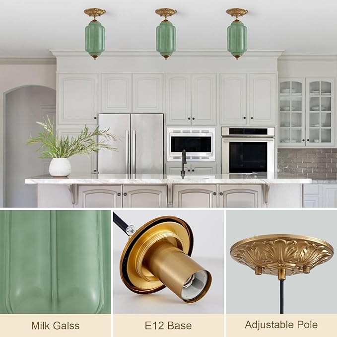 5.5" Small Chandelier Modern Farmhouse Milk Glass Pendant Lighting Fixture Green Hanging Lamp Height Adjustable 1-Light for Dining Room, Entryway, Hallway