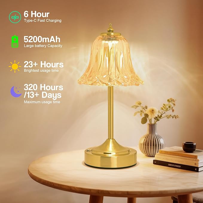 Cordless Table Lamp, Rechargeable 5200mAh Battery Lamp, Flower-Inspired Crystal Small Cordless Lamp with 3 Color Dimmable Touch Control for Bedroom Nightstand Living Room Decor