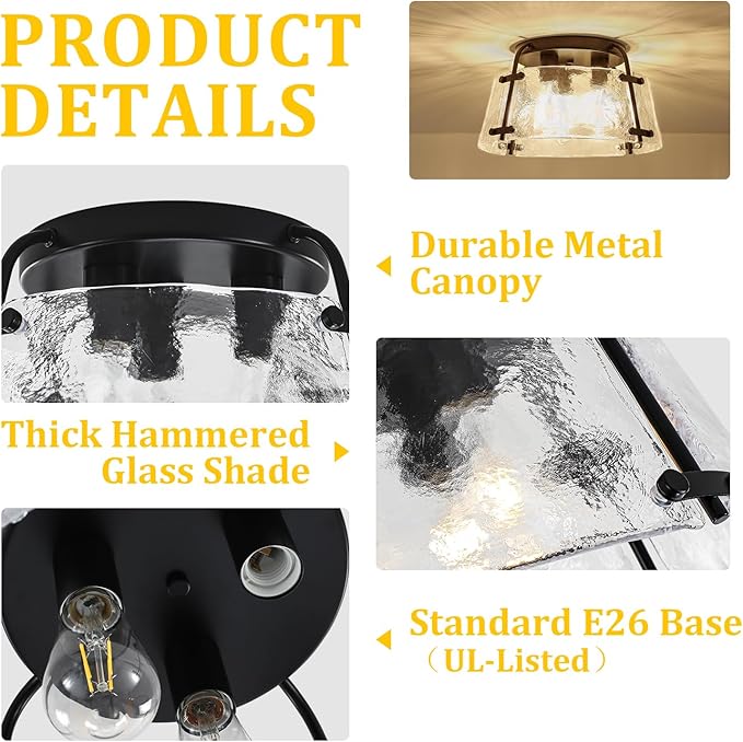Modern Black Semi Flush Mount Ceiling Light 3-Light Hammered Glass Kitchen Lighting Fixtures Ceiling Hallway Lights Flush Mount Chandelier for Entryway Dining Room Bathroom Bedroom Foyer Lighting