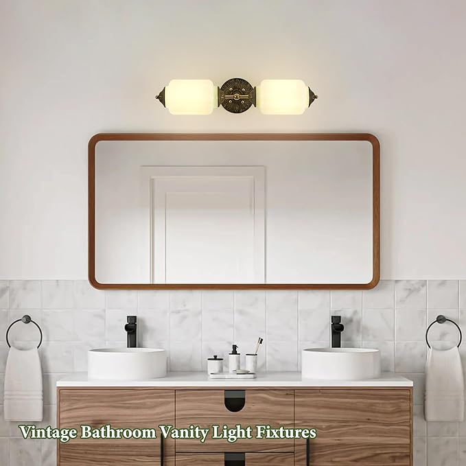 Vintage Milk Glass Bathroom Vanity Light - 25" Green Dimmable Wall Sconce with Bulb - Mid Century Vertical or Horizontal Mounted Sconces - Modern Brass Gold Lighting Fixture for Indoor Bedroom Hallway