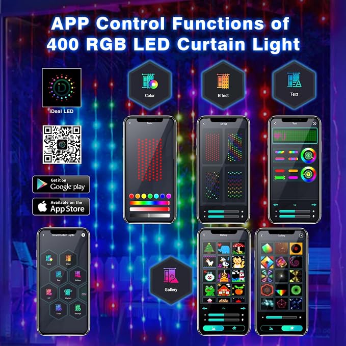 AKEPO Programmable Smart Colorful LED Window Curtain Lights, IP65 400 RGB LED APP Control DIY Text and Pattern Fairy Lights for Wedding/Halloween/Xmas Curtain Backdrop or Home Decor(9.8 * 9.8ft)