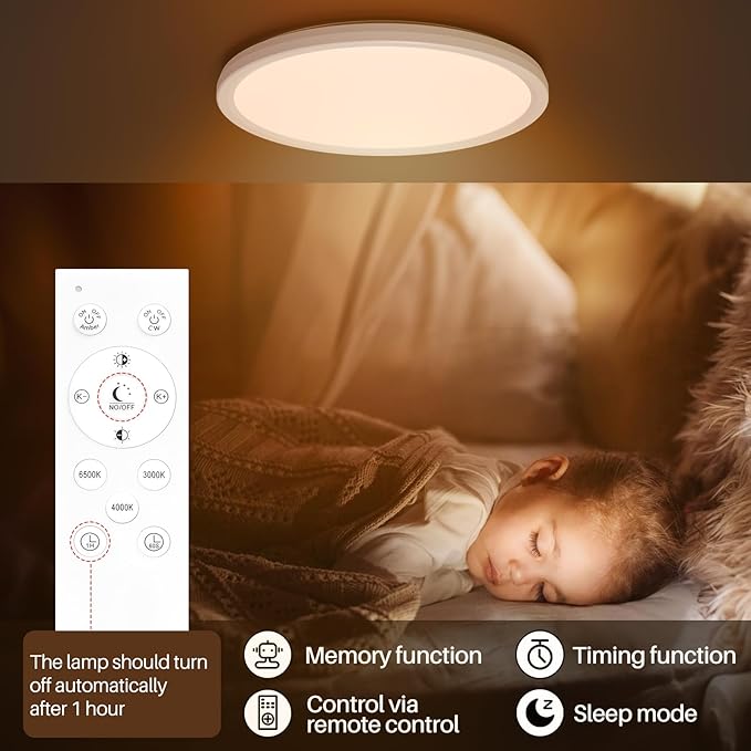 AmazeFan 12 Inch LED Ceiling Light Dimmable - 24W 2400LM Modern Wired Ceiling Lamp with Remote - 6W Night Light Warm - LED Flush Mount Ceiling Lights for Bedroom Kitchen Living Room Round (White)