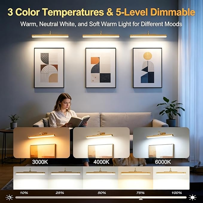 TANBABY 16'' Wireless Picture Lights for Wall, 6000mAh Rechargeable Battery Operated Light with Motion Sensor, 3CCT Dimmable, Timer, Magnetic Poster Lights with Remote for Gallery, Living Room-1Pack