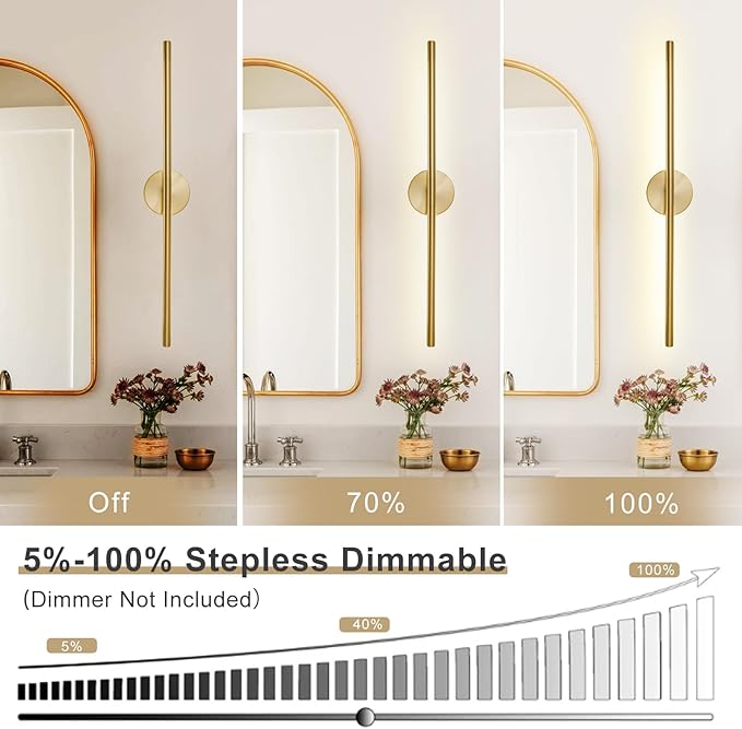 Gold Bathroom Light Fixtures Over Mirror 36 Inch, 26W 360° Rotatable Dimmable 4000K Led Vanity Light Bar, Brushed Gold Bathroom Vanity Lights Above Mirror