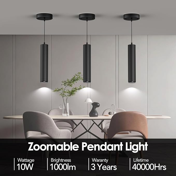 Remote Control LED Pendant Lights with Adjustable Cord, Dimmable Hanging Pendant Lighting Fixtures for Kitchen Island Over Table, Zoomable 2700K-6000K, CRI97+ 10W 1000LM, Black (1 Pack)