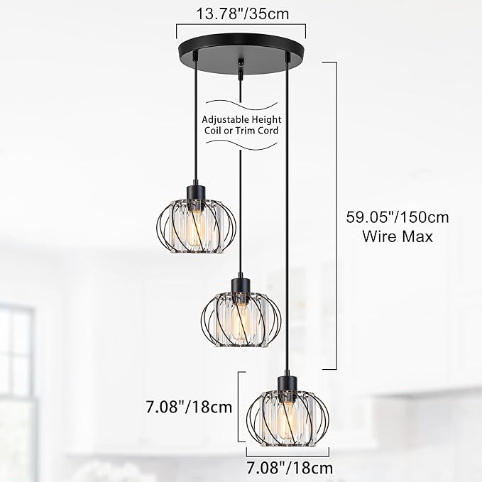 Cluster Pendant Light Fixtures, 3-Light Pendant Lights Kitchen Island, Farmhouse Hanging Light Fixture, Industrial Black Metal Cage Pendant Lighting With Clear Crystal for Sink Dining Room Hallway