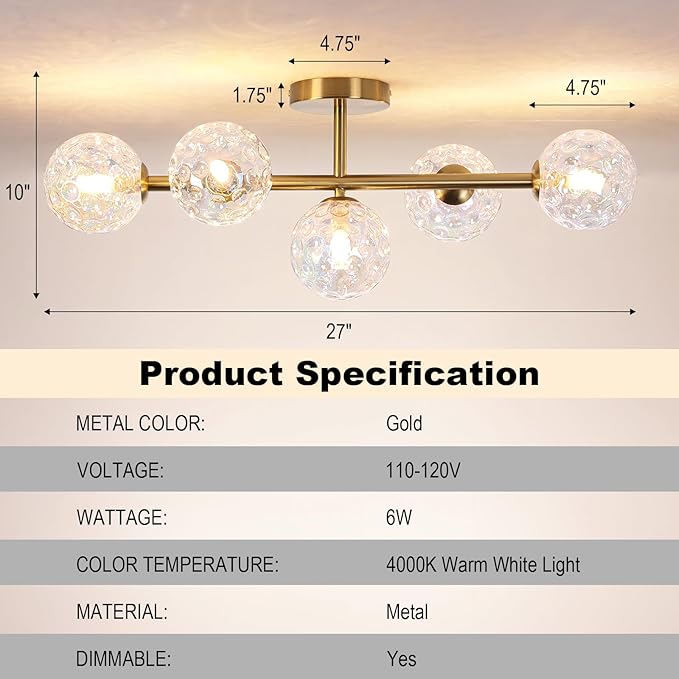 Gold Brass Globe Vanity Light - Vintage 5-Lights Wall Sconce - Sphere Round Lights Fixture with Stained Hammered Glass Shade - Mid Century Modern Sconces for Bathroom Bedroom Living Room Entry Porch