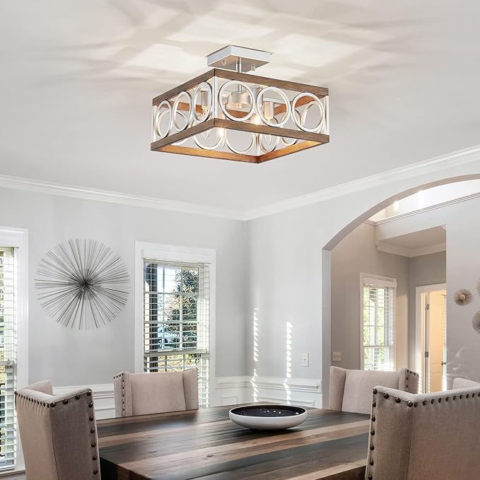 XINGQI Square Ceiling Lights 13'' Farmhouse Semi Flush Mount Ceiling Light Fixture Rustic Chandelier for Living Dining Room Bedroom, Antique Wood Grain & Brushed Nickel Finish, 4 E12 Bulbs