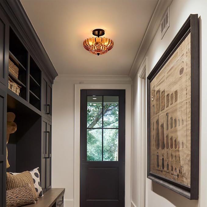 Semi Flush Mount Ceiling Light Fixture, Amber Glass 3-Light Modern Vintage Ceiling Lights, Scalloped Close to Ceiling Light, Black Base Flush Mount Ceiling Light for Hallway Bedroom Entryway Kitchen