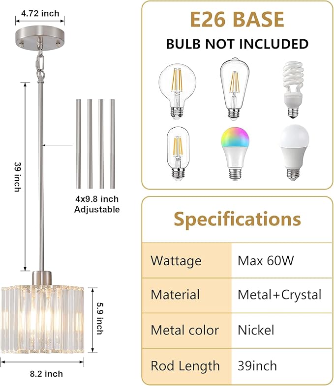 XSDeTu Brushed Nickel Pendant Light Fixtures, Modern Crystal Hanging Ceiling Light, 1-Light Mini Farmhouse Chandelier, Adjustable Hexagonal Island Lights for Kitchen, Dining Room, Bedroom, 2 Pcs