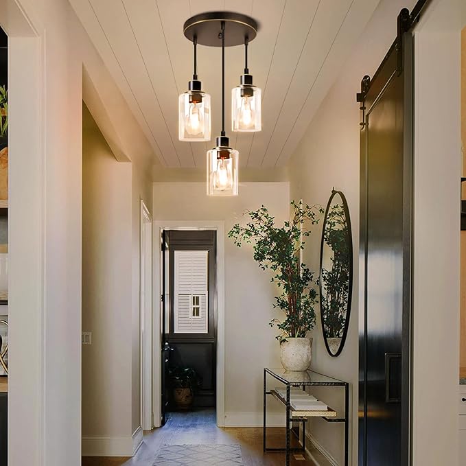 MAXvolador Industrial 3-Light Pendant Light, Adjustable Hanging Light Fixture with Clear Glass Shade, Pendant Lighting E26 Base Ceiling Lamp, Oil-Rubbed Bronze