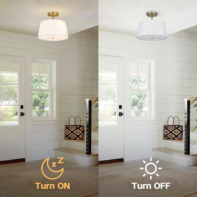 Modern Cone-Shaped Semi Flush Mount Ceiling Light Fixture, 3-Light Drum Lamp with Gold Brass Finish and White Fabric Shade for Bedroom, Kitchen, Dining Room, Hallway, Entryway, and Foyer