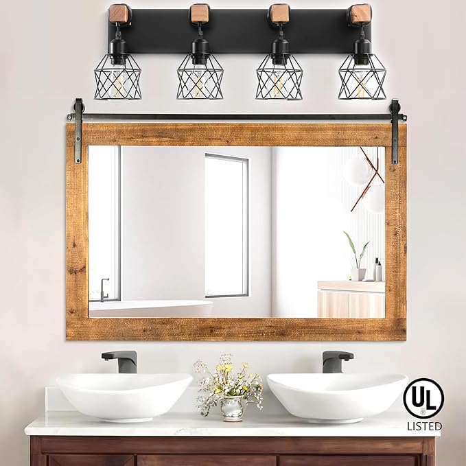 Farmhouse Vanity Light Fixture,4-Light Bathroom Lighting,Black Industrial Wood Wall Light Over Mirror with Metal Shade,LED Bulbs Not Included
