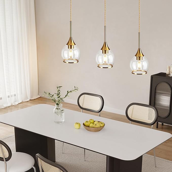 1-Piece Island Light for Kitchen, 1-Light Gold Kitchen Island Hanging Pendant Light with Clear Round Glass Shades, Brushed Gold Finish Dining Room Light Fixture Over Table
