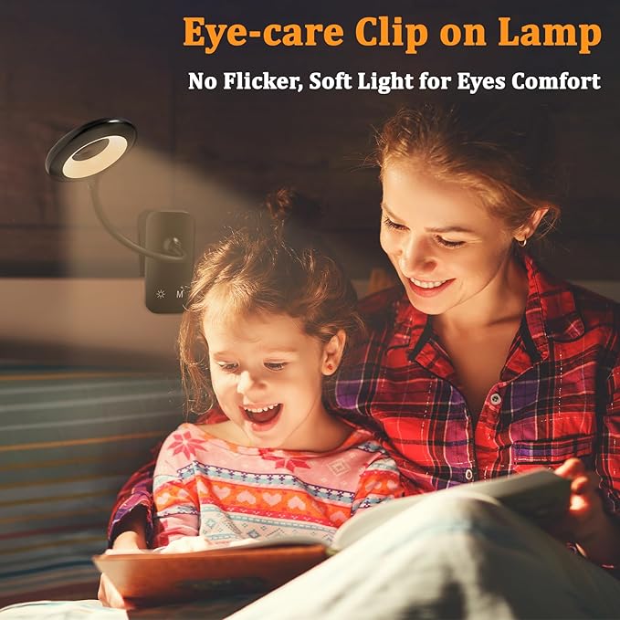 Clip on Light Rechargeable with Large Clamp, Battery Operated Bed Headboard Reading Lamp - 5 Colors 5 Brightness, Flexible Arm Book Light at Night for Kids Desk Bunk Metal Bed Frame (Black)