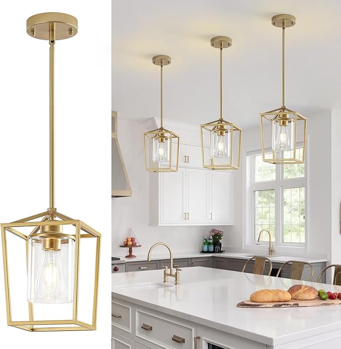 3 Pack Gold Pendant Lights, Farmhouse Kitchen Pendant Lighting Over Island, Metal Cage Hanging Lights with Clear Glass Shade for Kitchen Island, Dining Room, Entryway, Hallway