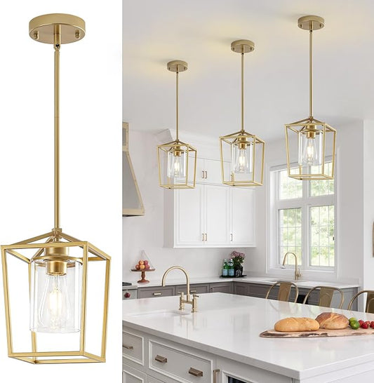 3 Pack Gold Pendant Lights, Farmhouse Kitchen Pendant Lighting Over Island, Metal Cage Hanging Lights with Clear Glass Shade for Kitchen Island, Dining Room, Entryway, Hallway