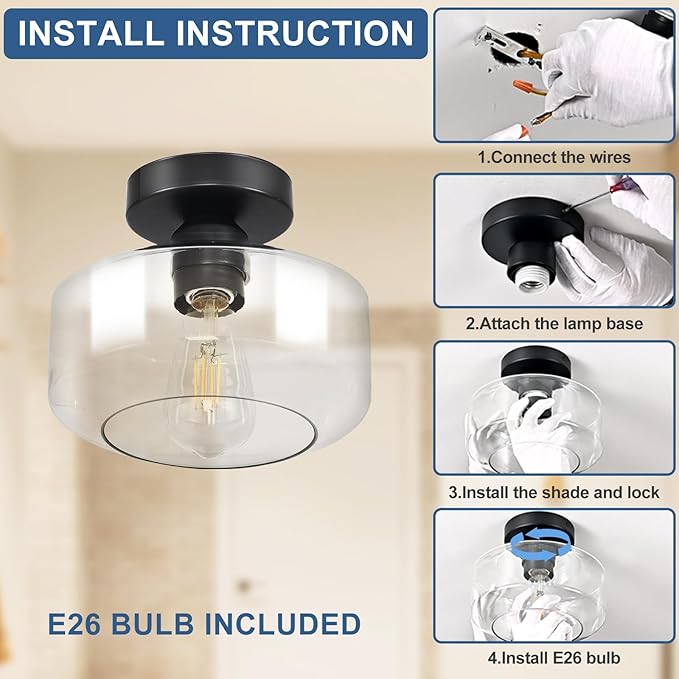 Industrial Semi Flush Mount Ceiling Light: Black Kitchen Lighting Fixtures Ceiling with Clear Glass - Vintage Hallway Light Fixtures E26 Bulb Included - 8.46” Light Fixtures Mount for Foyer