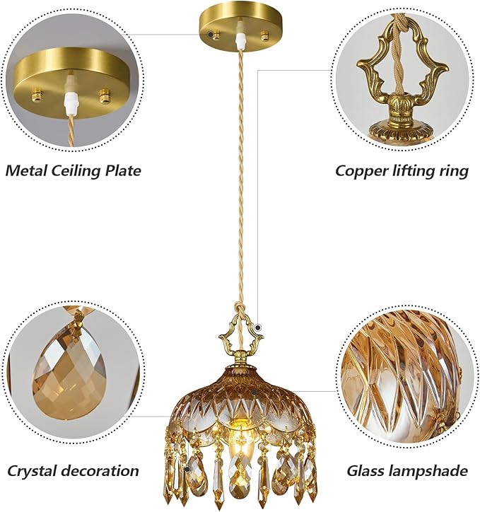 Brass Vintage Glass Pendant Light Crystal Hanging Light Fixtures,Adjustable Height Amber Glass Pendant Lights for Kitchen Island Dining Room Living Room Bedroom Hallway(Amber,2-Pack)