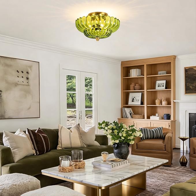 Semi Flush Mount Ceiling Light, Modern Gold Ceiling Light with Green Glass,3 Lights Close to Ceiling Light Fixtures for Bedroom, Dining Room, Kitchen, Living Room, Entryway, Hallway