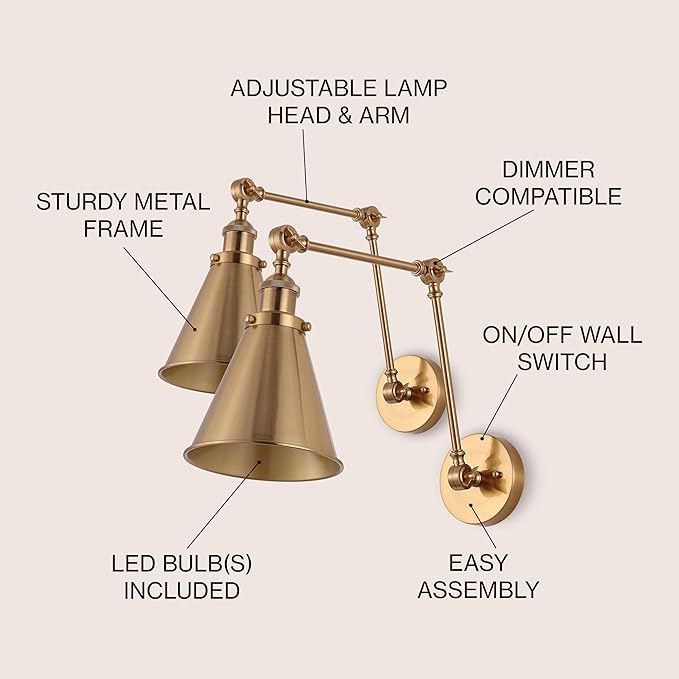JONATHAN Y 7" Brass Gold Classic Industrial Metal Adjustable Arm LED Wall Sconce for Bedside Reading, Farmhouse Swing Arm Wall Lamp with Metal Shade, Hardwired (JYL7461A-SET2)