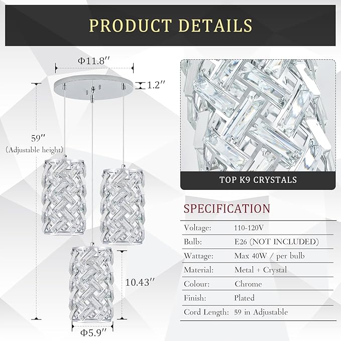 CATINER 3-Light Modern Crystal Pendant Light, Chrome Mini Chandelier – Adjustable Cluster Pendant Lighting Fixture for Kitchen Island, Dining Room, Bedroom, Hallway, Porch
