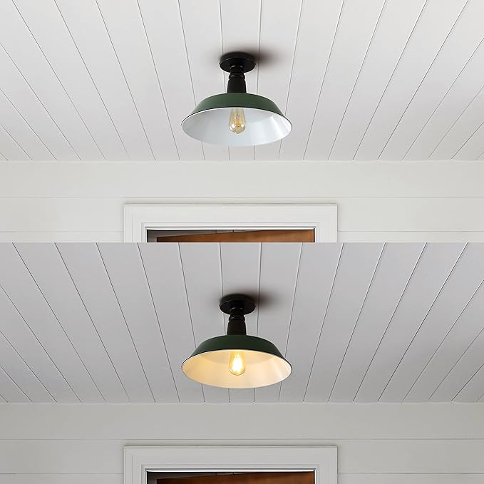 JONATHAN Y 14" Green/Black 1-Light Industrial LED Semi Flush Mount Ceiling Light for Porch, Kitchen, Entryway, Modern Farmhouse Iron Fixture, White Metal Shade, LED Bulb Included (JYL7617F)