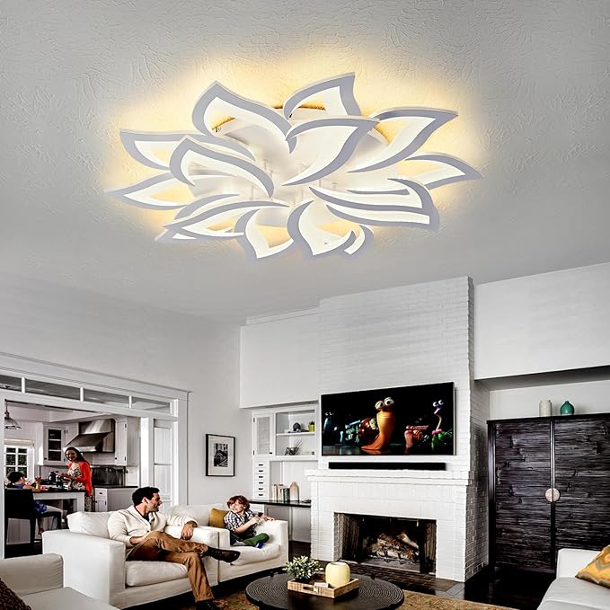 HuixuTe 36" White Modern Geometric Dimmable Ceiling Light Fixture, 15 Leaves Low Profile Flush Mount Ceiling Light for Kitchen, Bedroom, Living Room