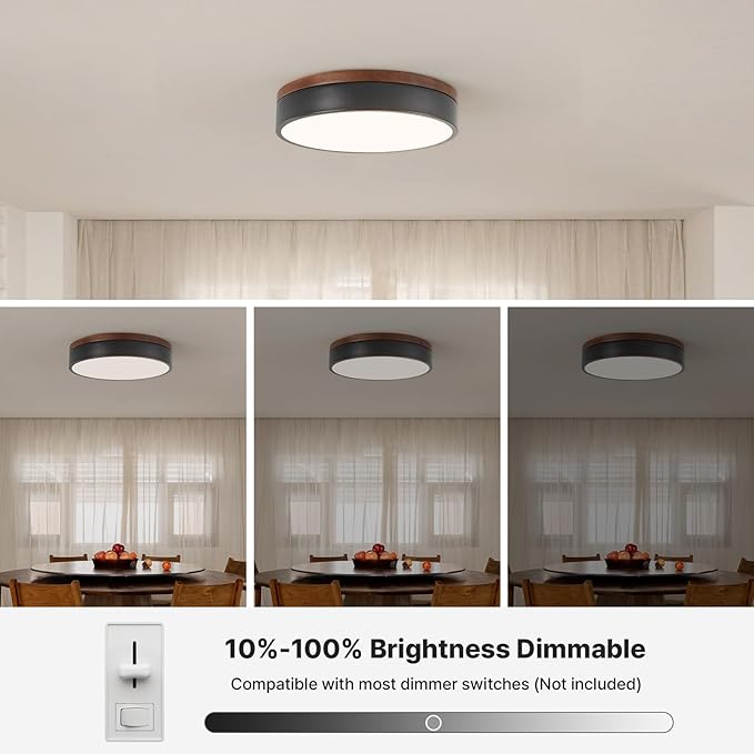 Led Flush Mount Ceiling Light: 11.8" Modern Dimmable Black Walnut Wood Low Profile Farmhouse Close to Ceiling Light Fixture - Round Minimalist Simple Flat Overhead Lighting for Bedroom Laundry Kitchen