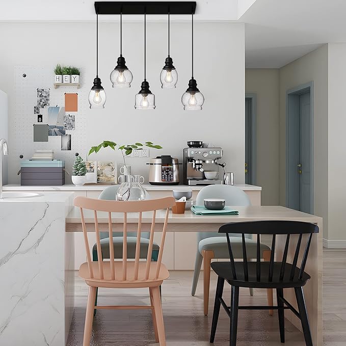 WILON Pendant Lights Kitchen Island, 5-Light Dining Room Light Fixture with Seeded Glass Shade, Farmhouse Chandeliers for Dining Room Matte Black Finish Hanging Linear Chandeliers for Kitchen Island