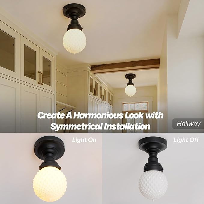 Modern Schoolhouse Semi Flush Mount Ceiling Light,Black Close to Ceiling Light Fixtures with Milky White Globe Glass Hallway Light Fixtures for Laundry Entryway Kitchen Bathroom E26