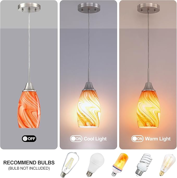 Viinew Mini Glass Pendant Light 4.72" with Handblown Orange Marble Art Glass Hanging Light 1-Pack Oval Ceiling Hanging Light Fixture for Dining Room Kitchen Island Cafe Foyer Hallway