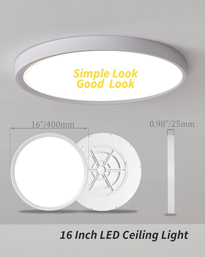 1pack 16 Inch Flush Mount Ceiling Light, 32w Led Ceiling Light, 3000k/4000k/6000k Selectable 3480lm Ceiling Lights, Super Slim Led Light Fixture for Bedroom Kitchen Living Dining Room Office