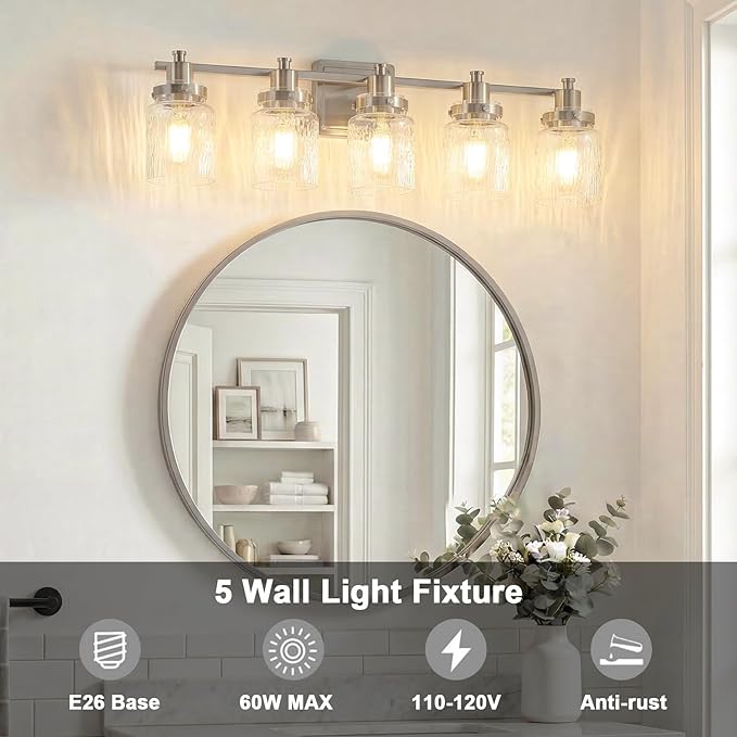 5 Lights Bathroom Light Fixtures Farmhouse Brushed Nickel Vanity Lights for Bathroom Lighting Fixtures Over Mirror with Hammered Glass Lampshade for Cabinet Mirror Bedroom Hallway