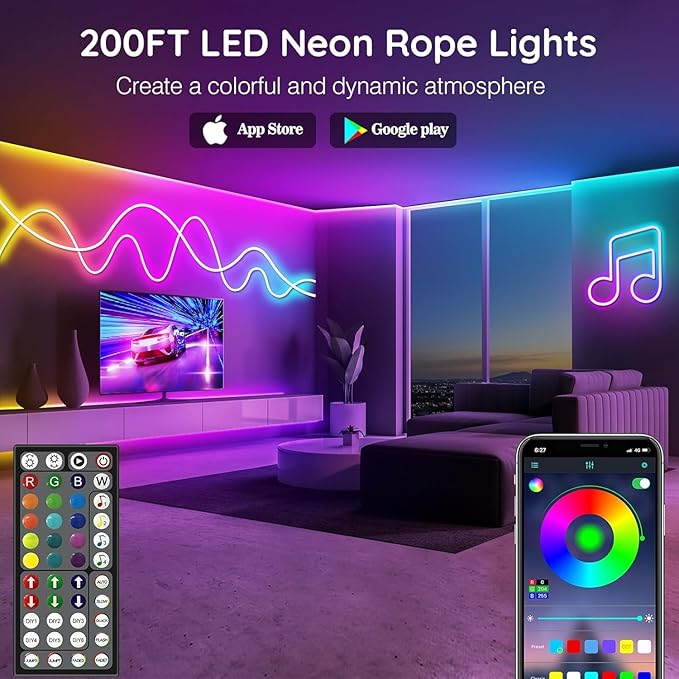 LETIANPAI 200Ft Neon Rope Lights,Flexible Led Rope Lights Control with App/Remote,Multiple Modes Music Sync Gaming RGB Led Neon Lights for Bedroom Outdoor (200FT/60M)