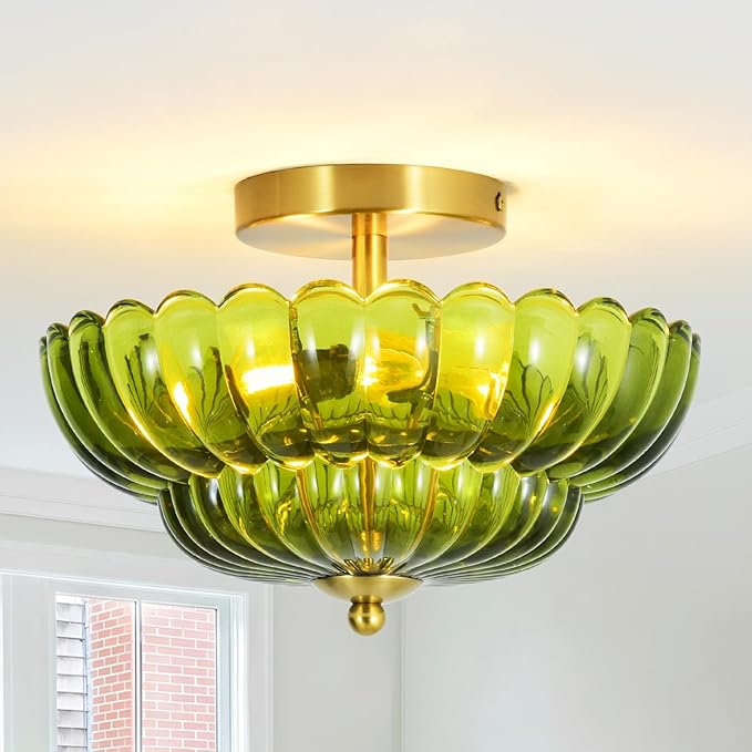 11.8 inch Kitchen Ceiling Light, 3-Light Semi Flush Mount Ceiling Lamp with Flower Glass, Modern Close to Ceiling Light Fixtures for Bathroom Bedroom Hallway Entryway, Green