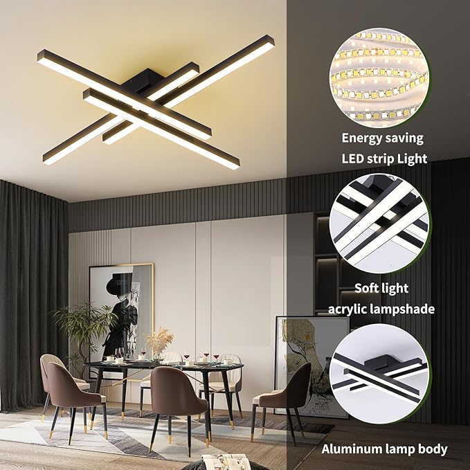 Modern LED Ceiling Lights 43.3" Black Flush Mount Ceiling Light Fixture Sputnik Dimmable Ceiling Lights with Remote Control for Bedroom Living Room Kitchen Room(4 Lights)