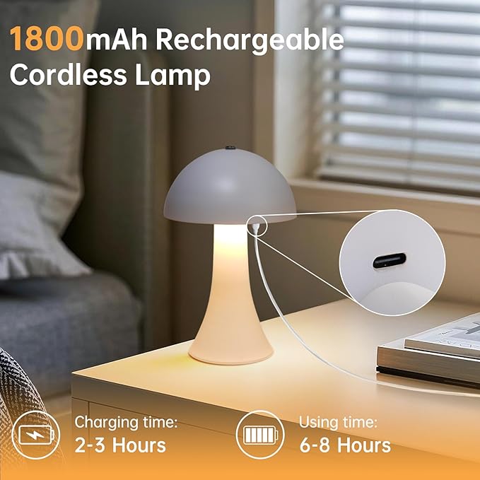 Rechargeable Cordless Table Lamp, Battery Operated Touch Control Lamp with 3-Color Stepless Dimming, Portable LED Light for Restaurant, Bedroom, Outdoor, Dinner, Patio
