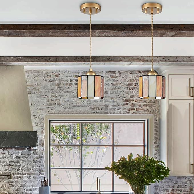 Tiffany Style Pendant Light Hanging Lamp 5.5-Inch Stained Glass Pendant Light Fixture Vintage Cylinder Tiffany Pendant Lighting for Kitchen Island Hallway Dining Room Office Home