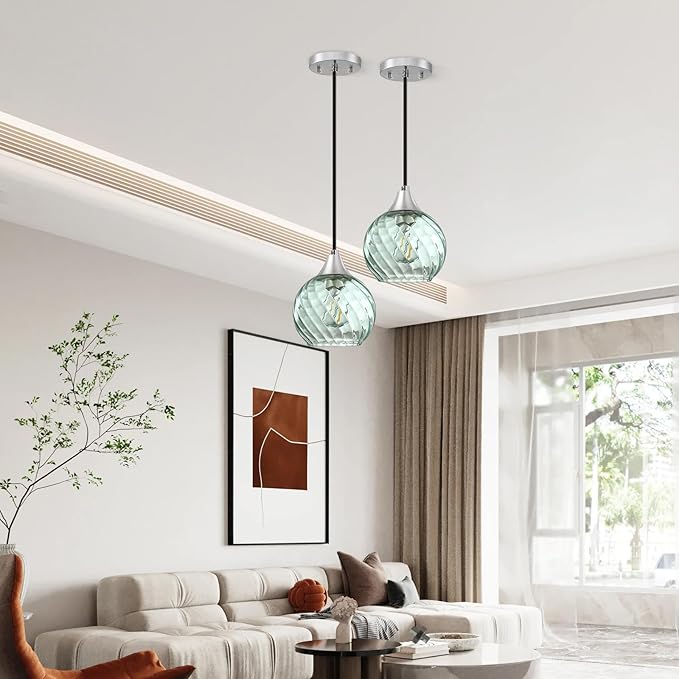Pendant Lights Kitchen Island,2 Pack Farmhouse Pendant Lights,Green Striped Swirl Globe Glass Pendant Light Fixtures,Mini Island Lights For Kitchen,Modern Hanging Light Fixture With Adjustable Height